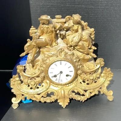 Antique Gilded French Mantel Clock - Ornate Brass Victorian Style - Man & Woman Sitting On Top