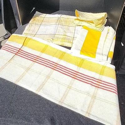 3 Yellow & Red & White Striped Vintage Tablecloths and 2 Placemats to Match