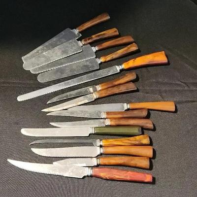 Vintage Knives And Frontier Forge Cake Cutter / Servers with Brown Speckled Bakelite Handles