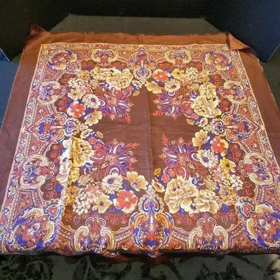 Authentic Pavlovo Posad Russian Floral Shawl - Brown and Blue