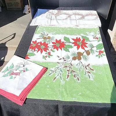 3 Christmas Holiday Linens - Poinsettia & Pine Tablecloth, Home Scene and Red Floral 
