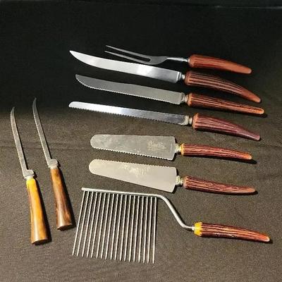 Vintage Meat Carving Set with Faux Stag Horn Handles & 2 Knives