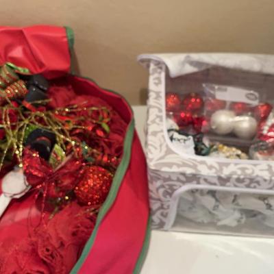 Christmas Ready - Red Ruffled Holiday Wreath, Vintage Glass Tree Topper, Ornaments, Garland, Lights