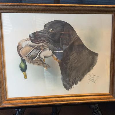 Large Framed Boris Riab Duck Hunting Brown Black Dog Watercolor with Original Signature 