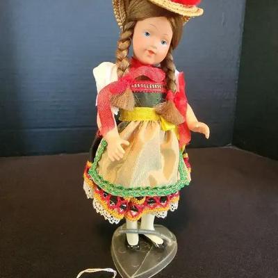 German Black Forest Region Folk Doll, 9" Tall With Stand & Box For Storage 