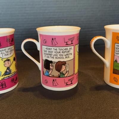 3 Danbury Mint Peanuts Fine Porcelain Calendar Mugs - May, Back to School (Sept), Nov