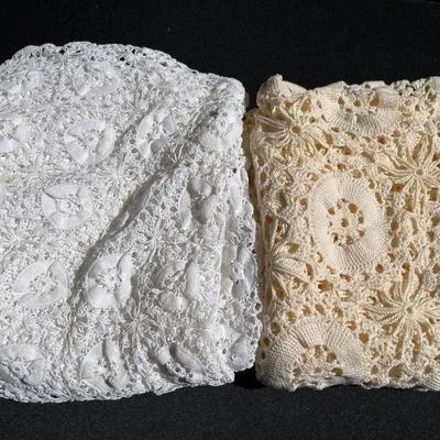 Large Cream & White Vintage Elaborate Crochet Tablecloths - Set of 2