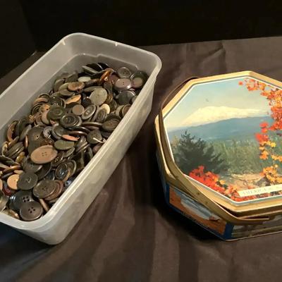 Sewing Supplies & Unsorted Black & Dark Buttons - America the Beautiful Vintage Tin with Handle