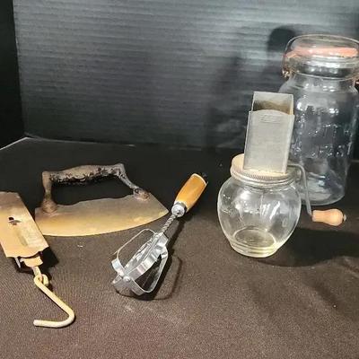 Antique Kitchen Tools And Mason Jar - Nut or Meat Chopper, Scale & Ecko Spring Push Egg Beater