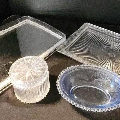 Crystal Glass Trays And Trinket Jar with Lid - Star Cut Pattern, Blue Indiana Dish