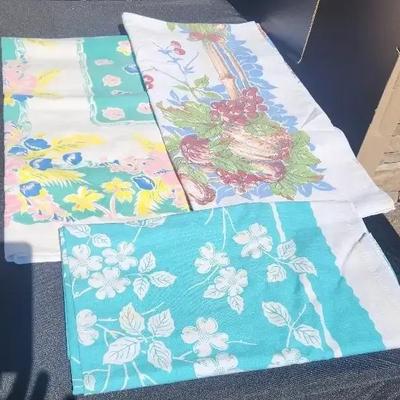 3 Tropical Feel Vintage Tablecloths - Light Blues with Bamboo, Palm Trees and Floral Prints
