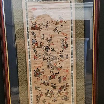 Vintage Framed Chinese Silk Embroidery Panel - Dragon Festival with 100 Laughing Children