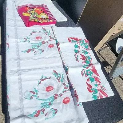 3 Vibrant Red & Green Tablecloths - Dogwood, Fruit and Floral on White Backgrounds