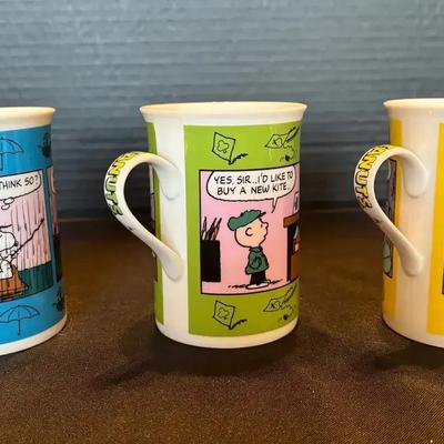 3 Danbury Mint Peanuts Fine Porcelain Calendar Mugs - April, March, Summer Camp Blues (Aug)