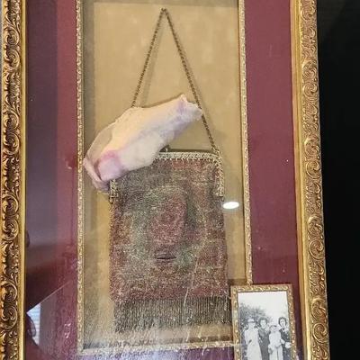Shadowbox Framed Vintage Antique Gold Tone Purse & Hankie - Provenance / Photo Included