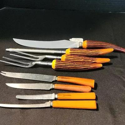 Vintage English Meat Cutting Tools & Knives - Blade Stainless Steel with Faux Stag Horn Handles