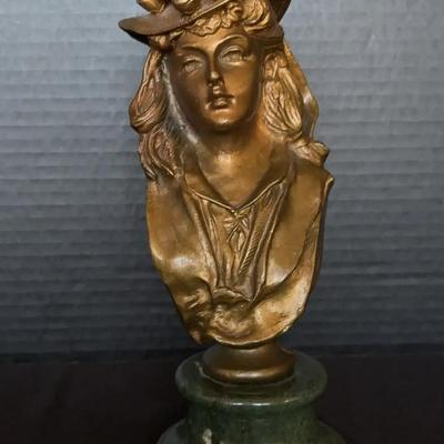 Vintage Bronze Bust with Floral Hat on Green Marble Base - Detailed Features - Very Heavy