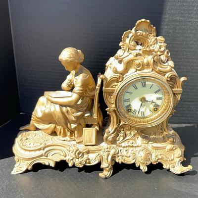 Large Antique Ansonia Gilt Metal Mantel Clock - Figural Maiden Seated Reading