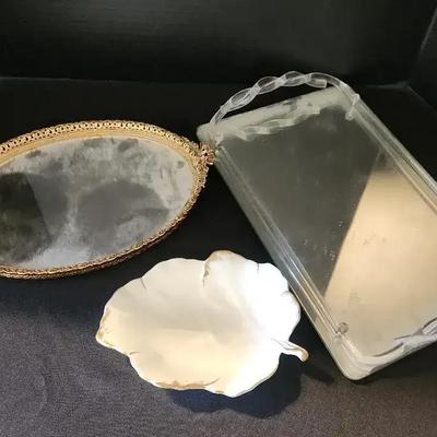 Entertaining Sets - 2 Vintage Mirror Trays & 24 Karat Ivory Bone Mikasa Leaf Bowl China