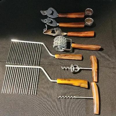 Eclectic Set of Vintage Bakelite Kitchen Tools - Carving, Rolling Meat Tenderizer, Corkscrews