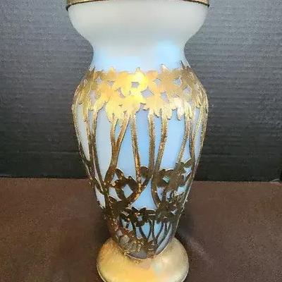 Beautiful Gold Gilt Glass Blue Vase, Floral / Nature Pattern, Antique Art Nouveau