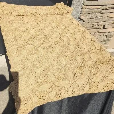 Large Intricate Beige or Light Tan Lace Crochet Tablecloth with Floral Pattern