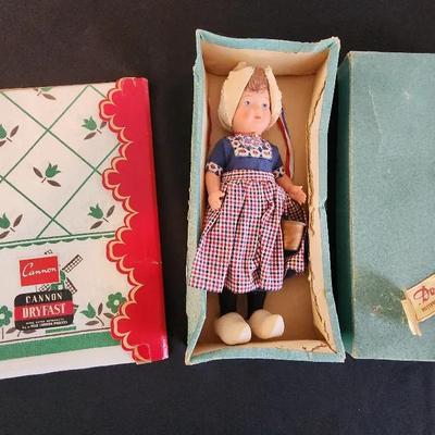 Vintage Dovina Doll, Rotterdam - Holland & (2) Vintage Cannon Tea Towels