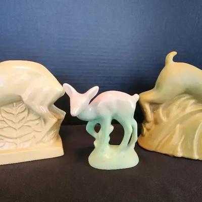 3 Art Deco Deer Vase Figures - Niloak for Victory, Wedgwood Skeaping Animal Collection, Roselane CA