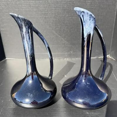 Pair Signed Anna Van Briggle Ewer Vases - Blue / Black & White Pottery - Sea Foam or Drip Overglaze