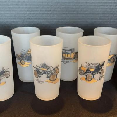 Set of 8 Antique Hazel Atlas Frosted White Glasses - Antique Car Barware Collection 