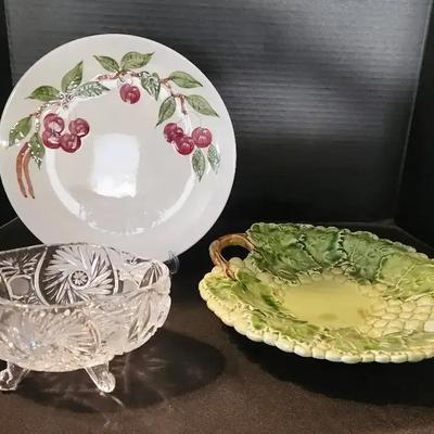 3 Unique Pieces - Orchard Ware Cherry & Caldas Majolica Portugal Grape Plates, Footed Crystal Bowl