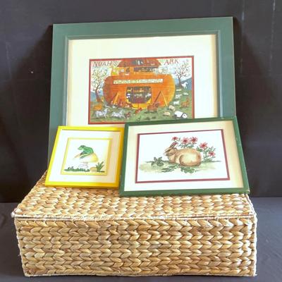 Hand Woven Storage Basket, Noah’s Art Picture & Framed Garden Rabbit & Frog
