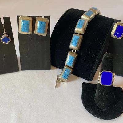 Sterling Silver Jewelry With  Various Gemstones: Bracelet, Earrings & A Ring