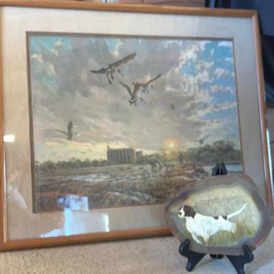 James Robinson Duck Hunting Print 259/1500 & hand-painted dog portrait on a natural agate slice