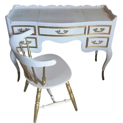 Morganton White & Gold French Provincial Vanity Table/Desk With Aunthentic Furniture Product Chair
