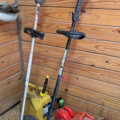 Two Gas Powered Weed Eaters And Five Gas Cans