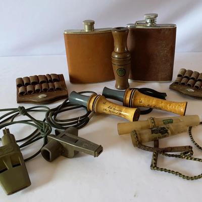 Flasks, Leather Ammo/Cartridge Belts, Various Bird/Game Calls
