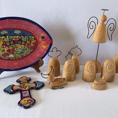 Hand-Painted Mexican Signed Fish Plate, Mexican Talavera Cross & Clay Nativity Set
