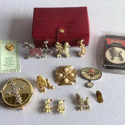 Variety Of Poodle Dog Pins & Other With Red Jewelry Box 