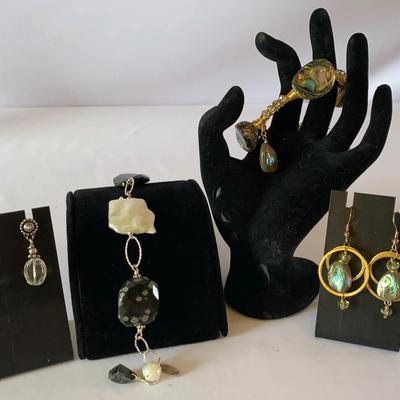 Sandra Ling: Goldtone Bracelt/Earring Set With Abalone Shells; Silver Tone Bracelet/Earring Set