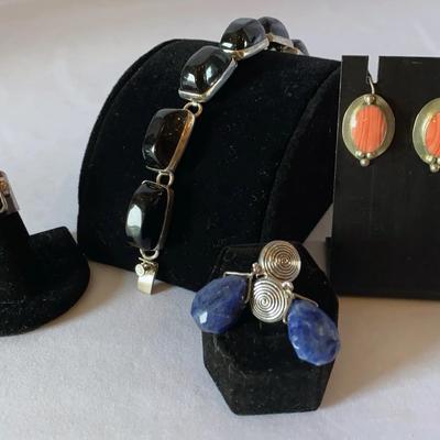 Sterling Silver And Silver Tone With Gemstones: Bracelet, Two Pair Of Earrings & A Ring