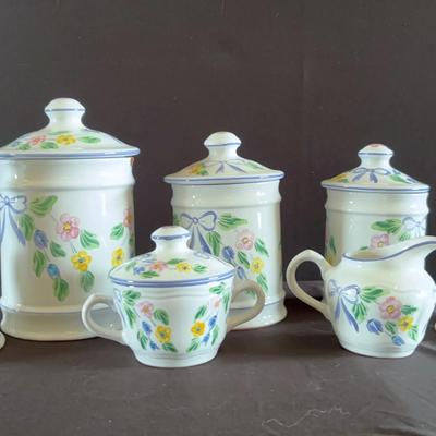 Herend Village Pottery "Bow" pattern canisters w/ lid, Creamer/Sugar Bowls & Candlesticks