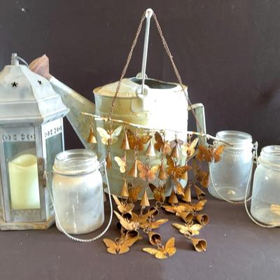 Antique-Style Metal Lantern With A Flameless LED Candle Inside, Butterfly Chime, Water Can & Jars