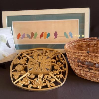 Syroco Gold Mid-Century  Wall Clock, Woven Wicker Basket & Framed Bird/ Swan Picture