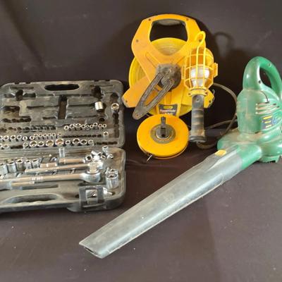 Mechanics Tool Set, Stanley 300 Foot Power Winder Tape Measure, Electric Blower, Drop Light & More