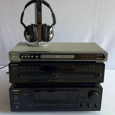 Onkyo Receiver, Sony Disc Player, Magnavox DVD Player, Radioshack Headphones 