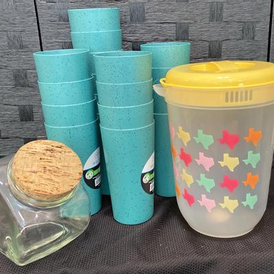 (18) 26 Oz Tumblers, Texas Pitcher & Glass Canister    