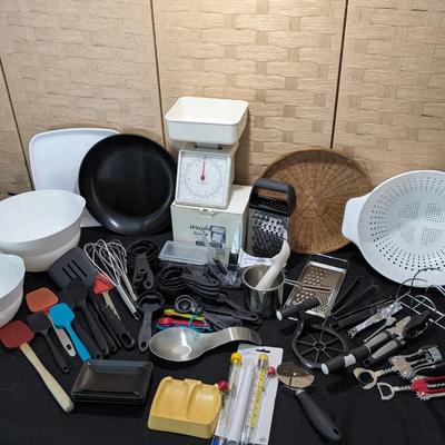 Large Lot of Cooking Utensils: Measuring Tools, Graters, Can Openers, Spatulas, Mixing Bowls