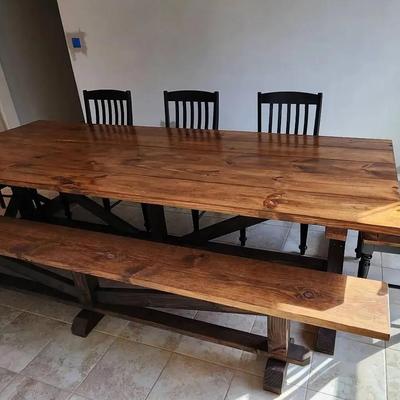 10 FT Solid Wood Rustic Trestle Table & 5 Chairs (READ PICKUP DETAILS IN DESCRIPTION) 