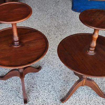 Pair of Coordinating Antique 2-Tiered Pedestal Tables (READ PICKUP DETAILS IN DESCRIPTION) 